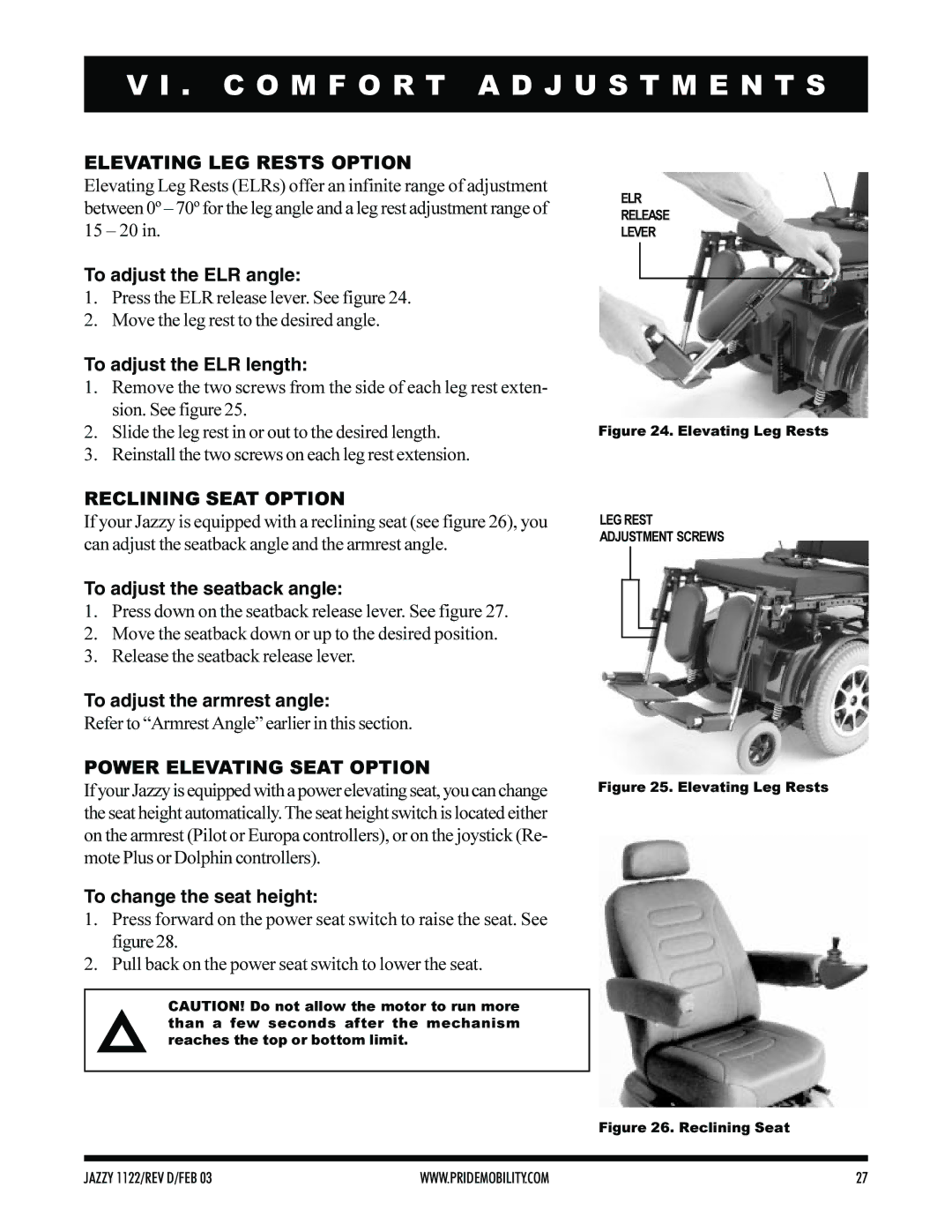 Pride Mobility Jazzy 1122 owner manual Elevating LEG Rests Option, Reclining Seat Option, Power Elevating Seat Option 