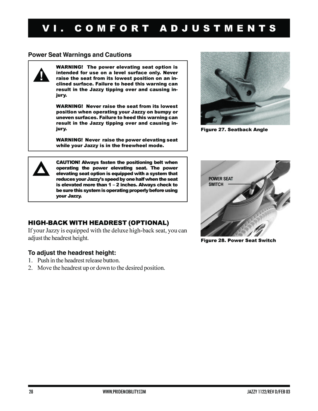 Pride Mobility Jazzy 1122 owner manual Power Seat Warnings and Cautions, HIGH-BACK with Headrest Optional 