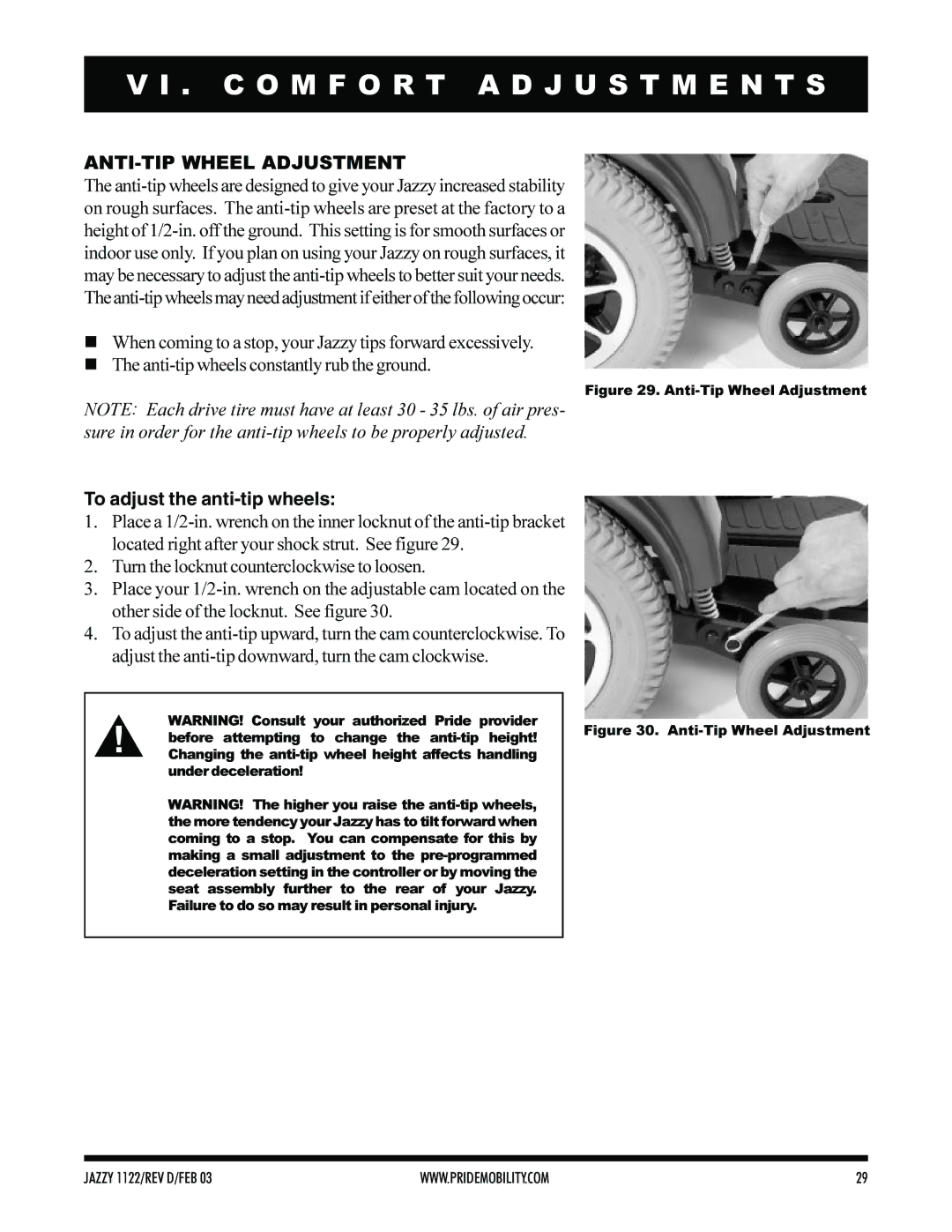 Pride Mobility Jazzy 1122 owner manual ANTI-TIP Wheel Adjustment, To adjust the anti-tip wheels 