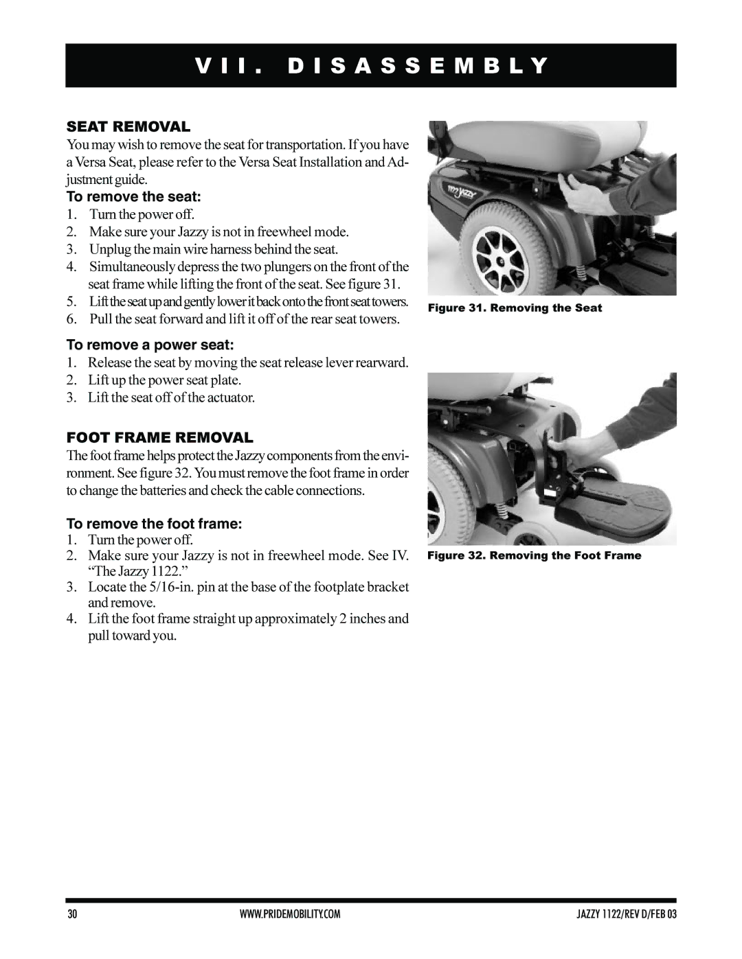 Pride Mobility Jazzy 1122 owner manual I . D I S a S S E M B L Y, Seat Removal, Foot Frame Removal 