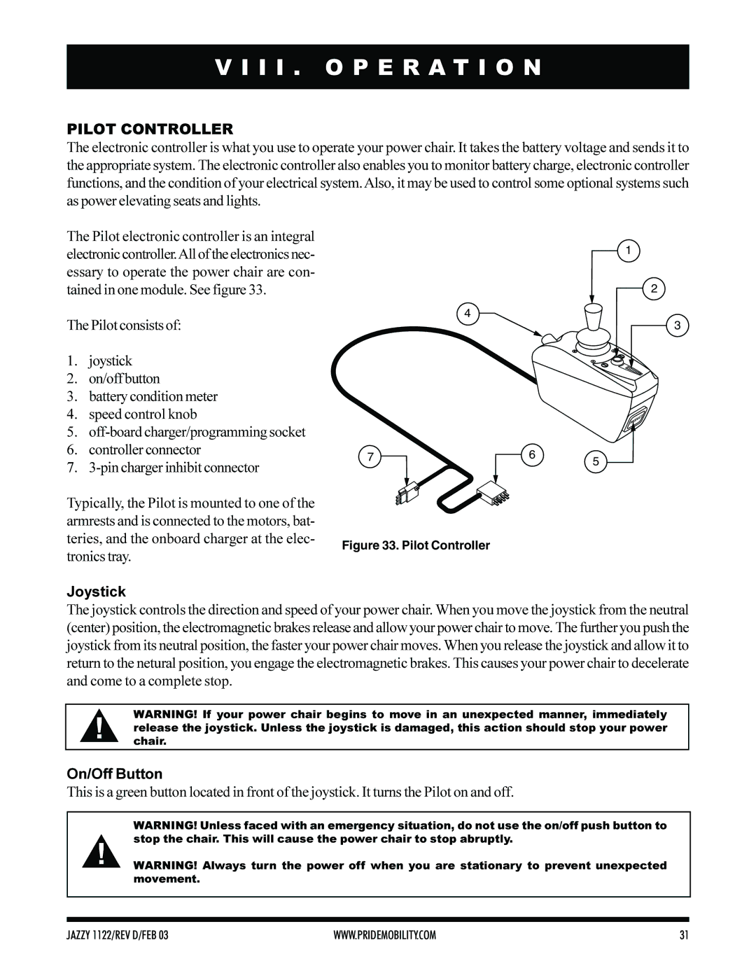 Pride Mobility Jazzy 1122 owner manual I I . O P E R a T I O N, Pilot Controller, Joystick, On/Off Button 