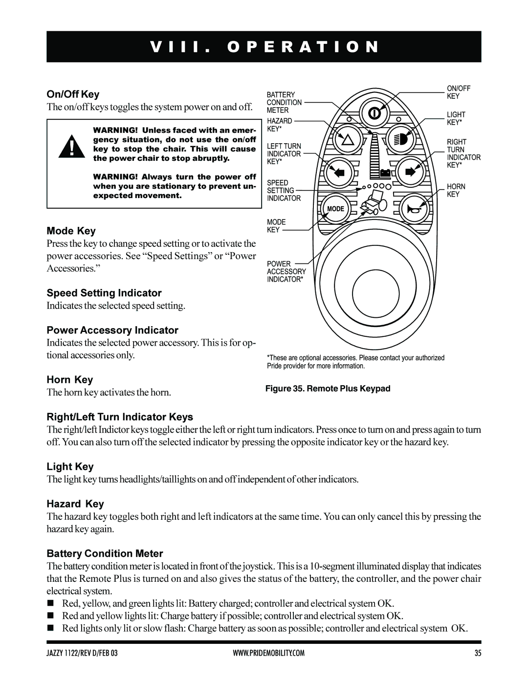 Pride Mobility Jazzy 1122 On/Off Key, Mode Key, Speed Setting Indicator, Power Accessory Indicator, Light Key, Hazard Key 