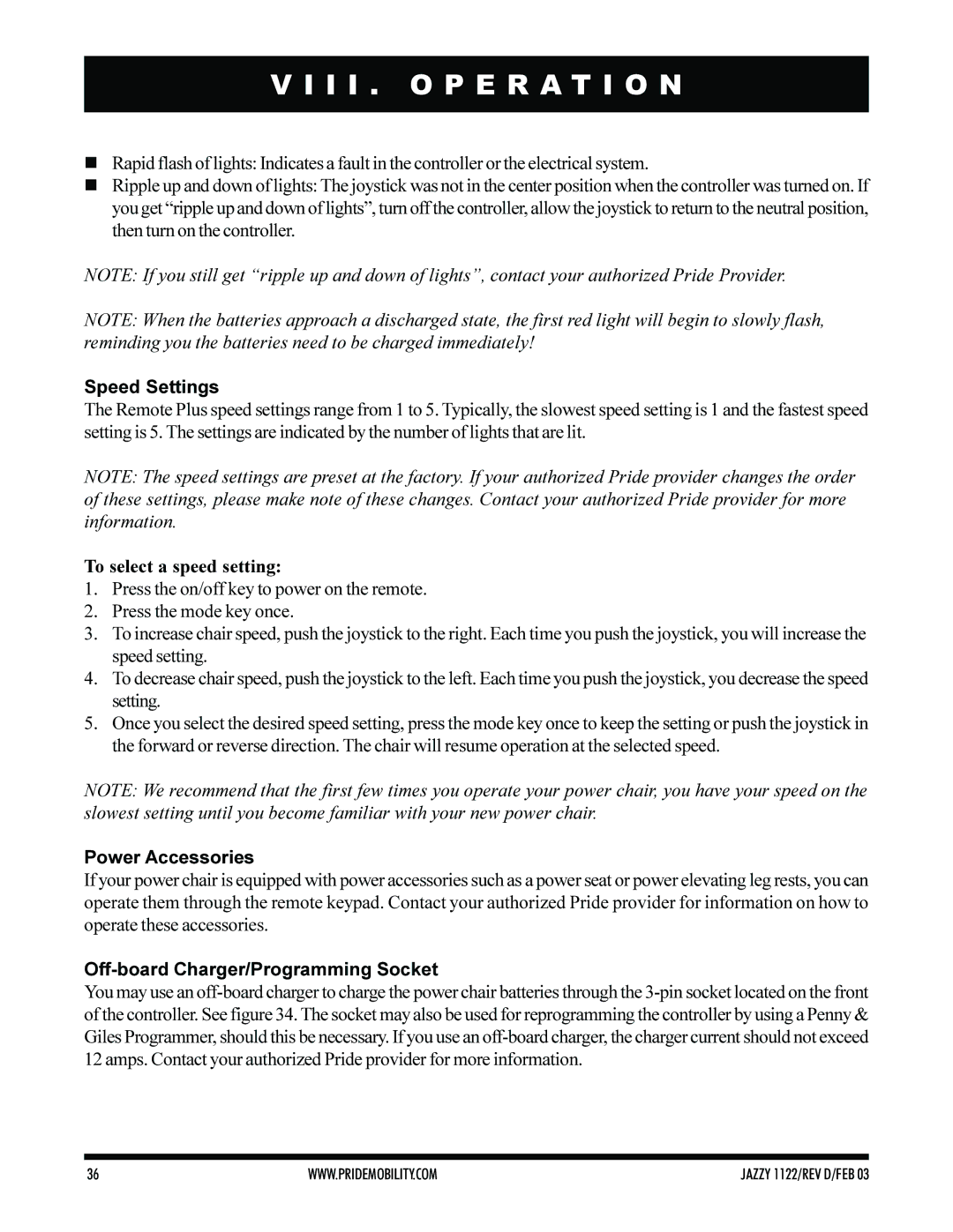 Pride Mobility Jazzy 1122 owner manual Speed Settings, To select a speed setting, Power Accessories 