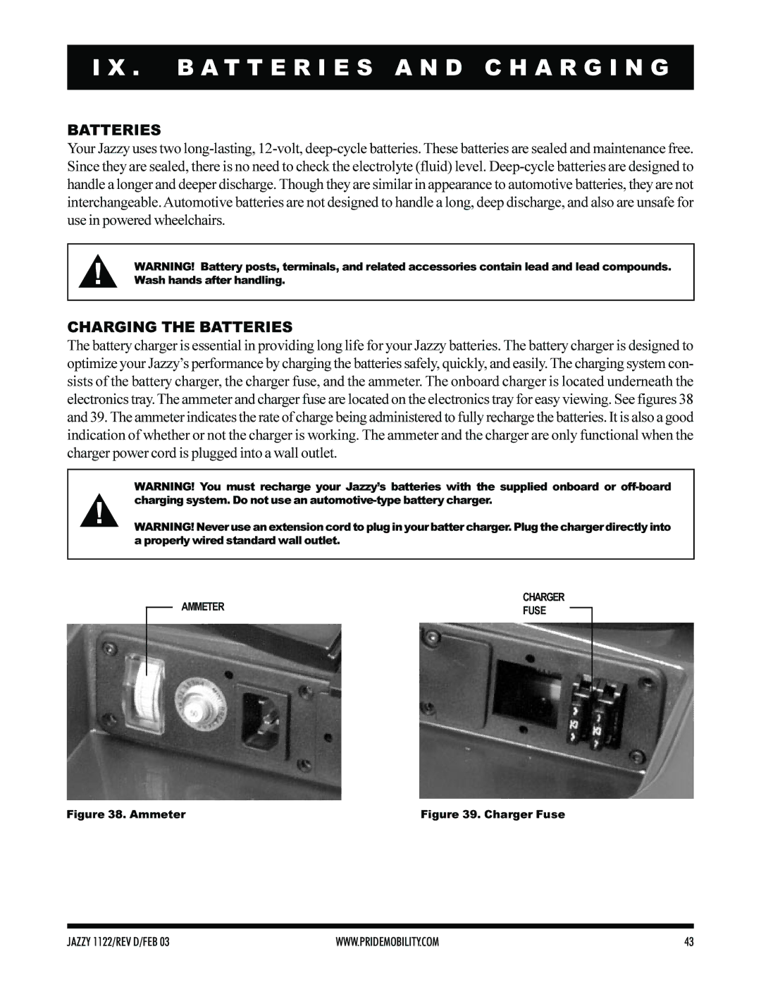 Pride Mobility Jazzy 1122 owner manual B a T T E R I E S a N D C H a R G I N G, Charging the Batteries 