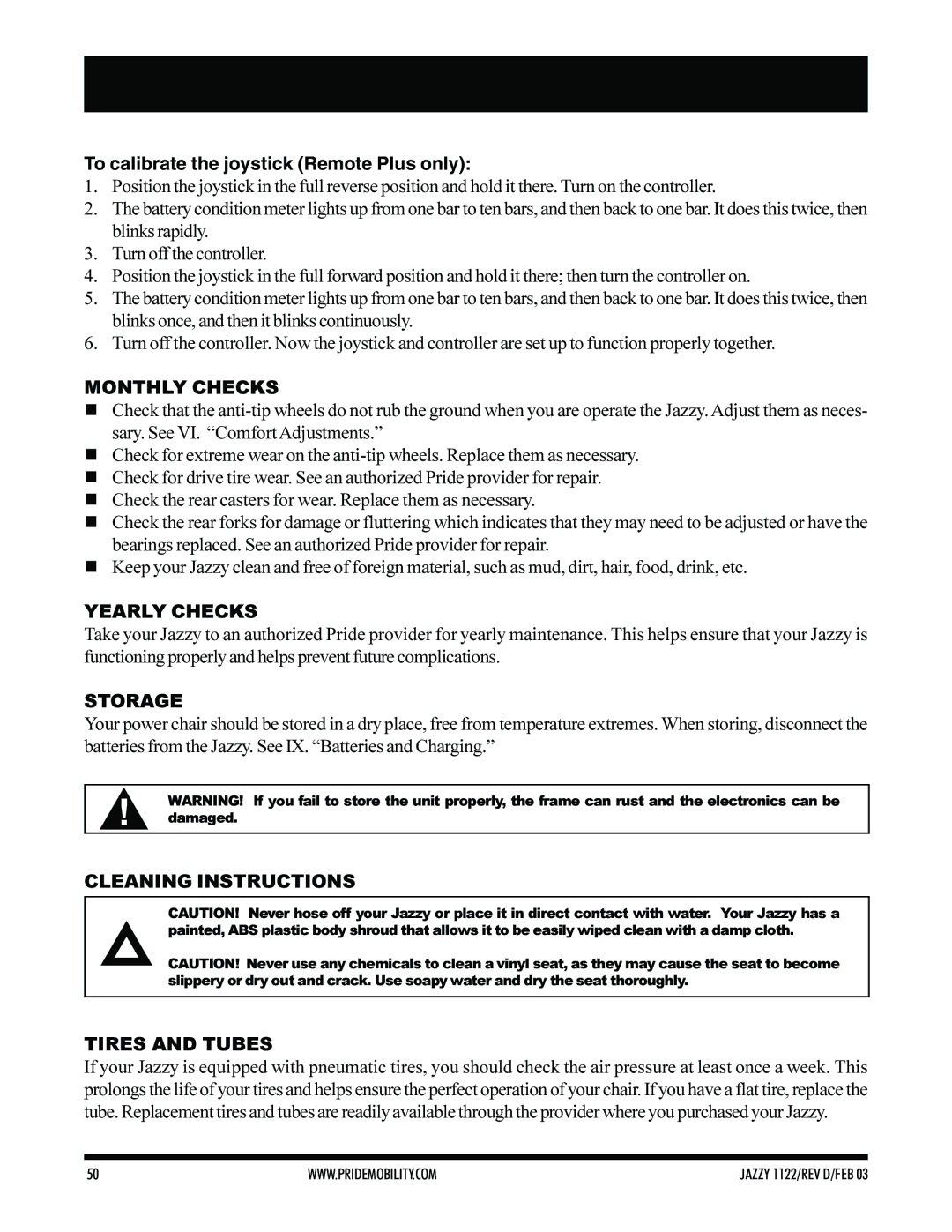 Pride Mobility Jazzy 1122 owner manual To calibrate the joystick Remote Plus only, Monthly Checks, Yearly Checks, Storage 