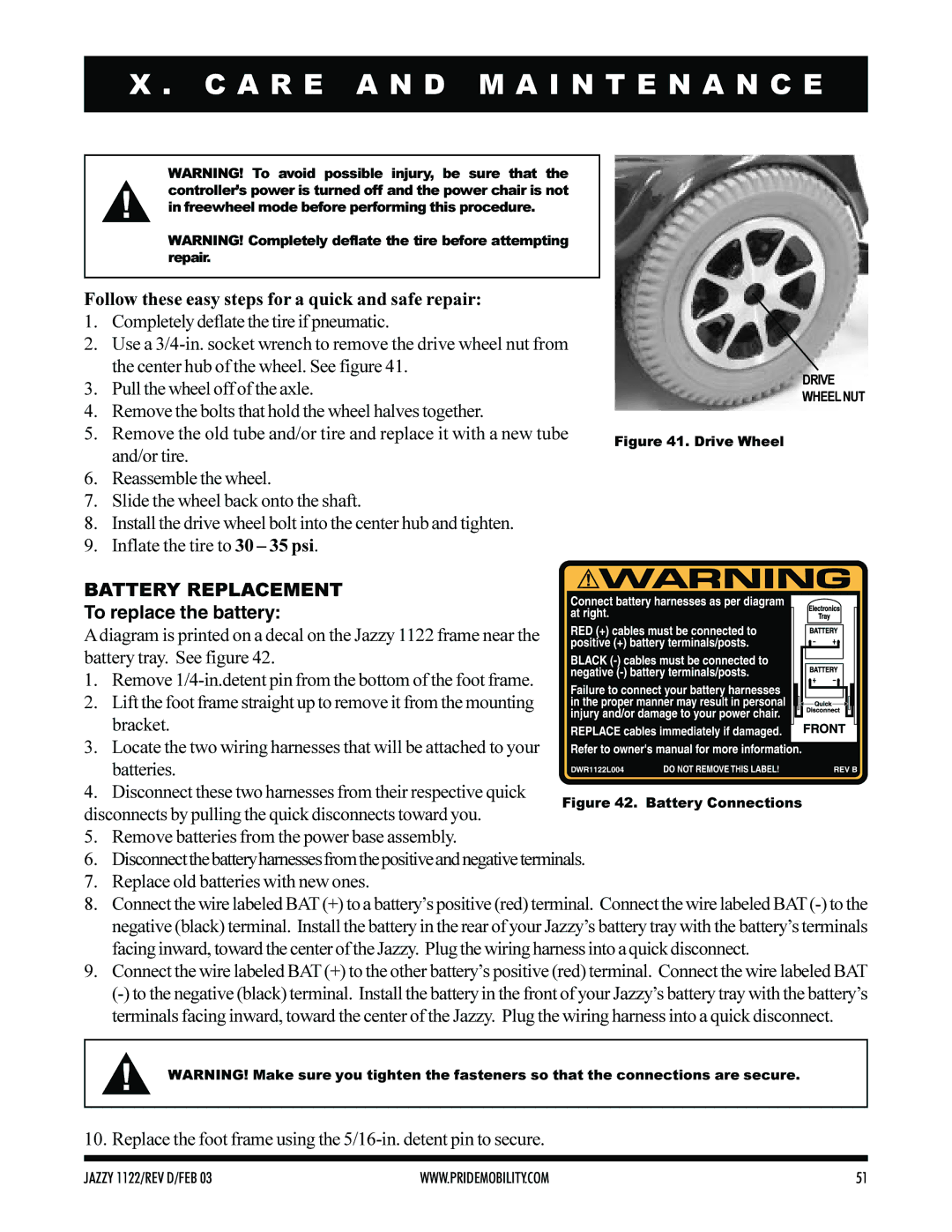 Pride Mobility Jazzy 1122 Follow these easy steps for a quick and safe repair, Battery Replacement, To replace the battery 