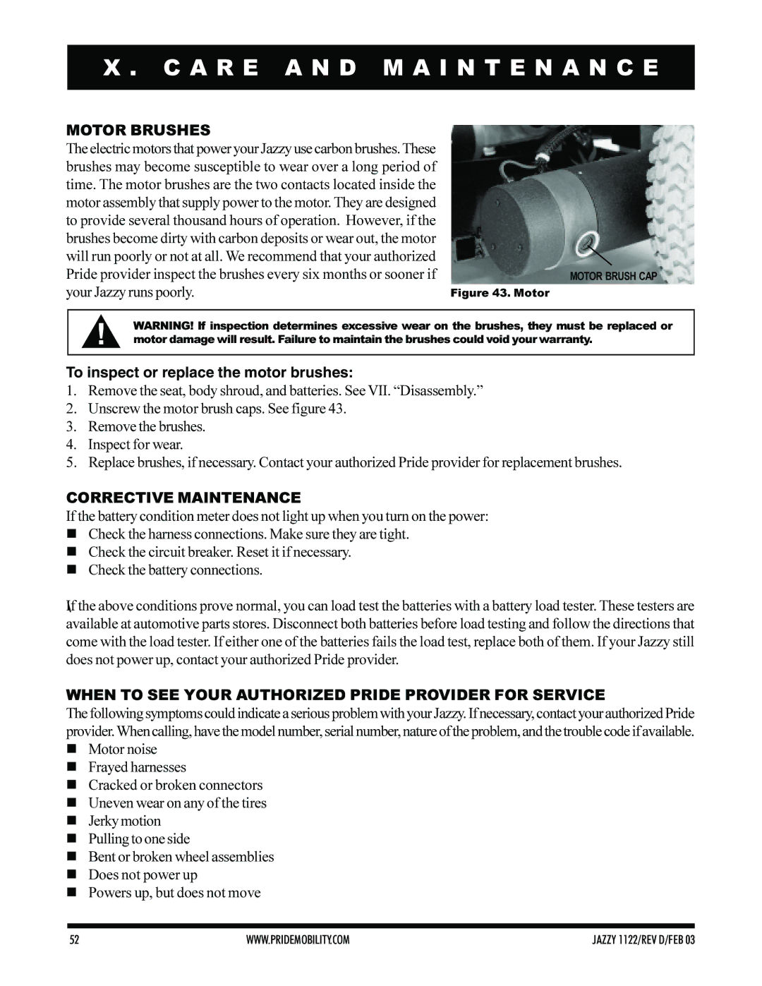 Pride Mobility Jazzy 1122 owner manual Motor Brushes, To inspect or replace the motor brushes, Corrective Maintenance 