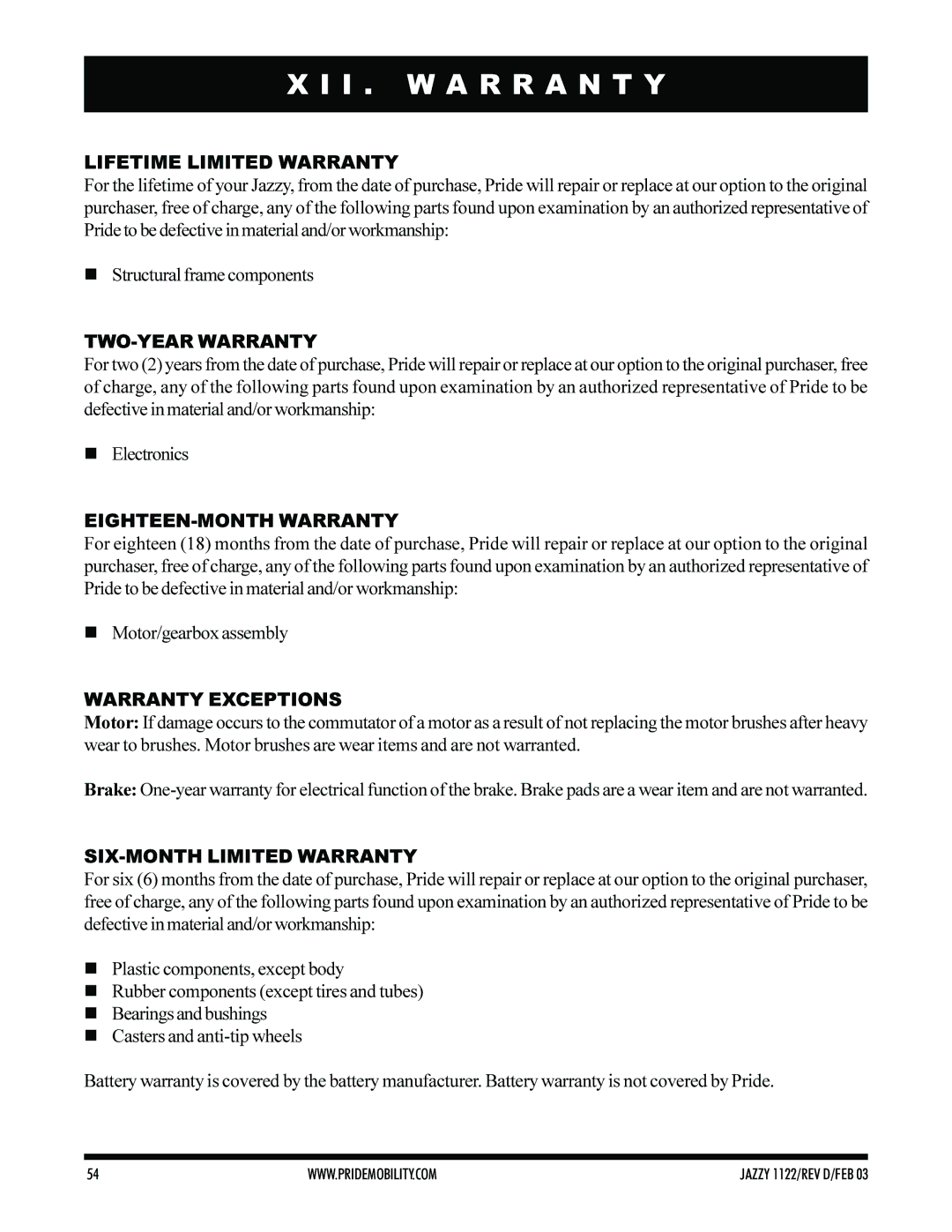 Pride Mobility Jazzy 1122 owner manual I . W a R R a N T Y 