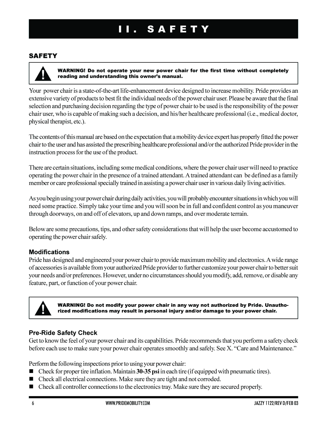 Pride Mobility Jazzy 1122 owner manual S a F E T Y, Modifications, Pre-Ride Safety Check 