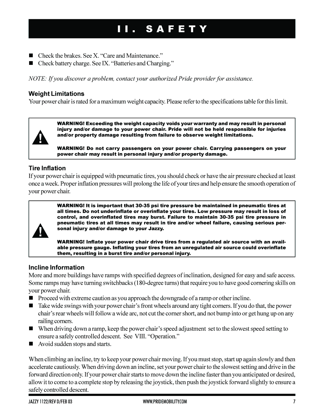 Pride Mobility Jazzy 1122 owner manual Weight Limitations, Tire Inflation, Incline Information 
