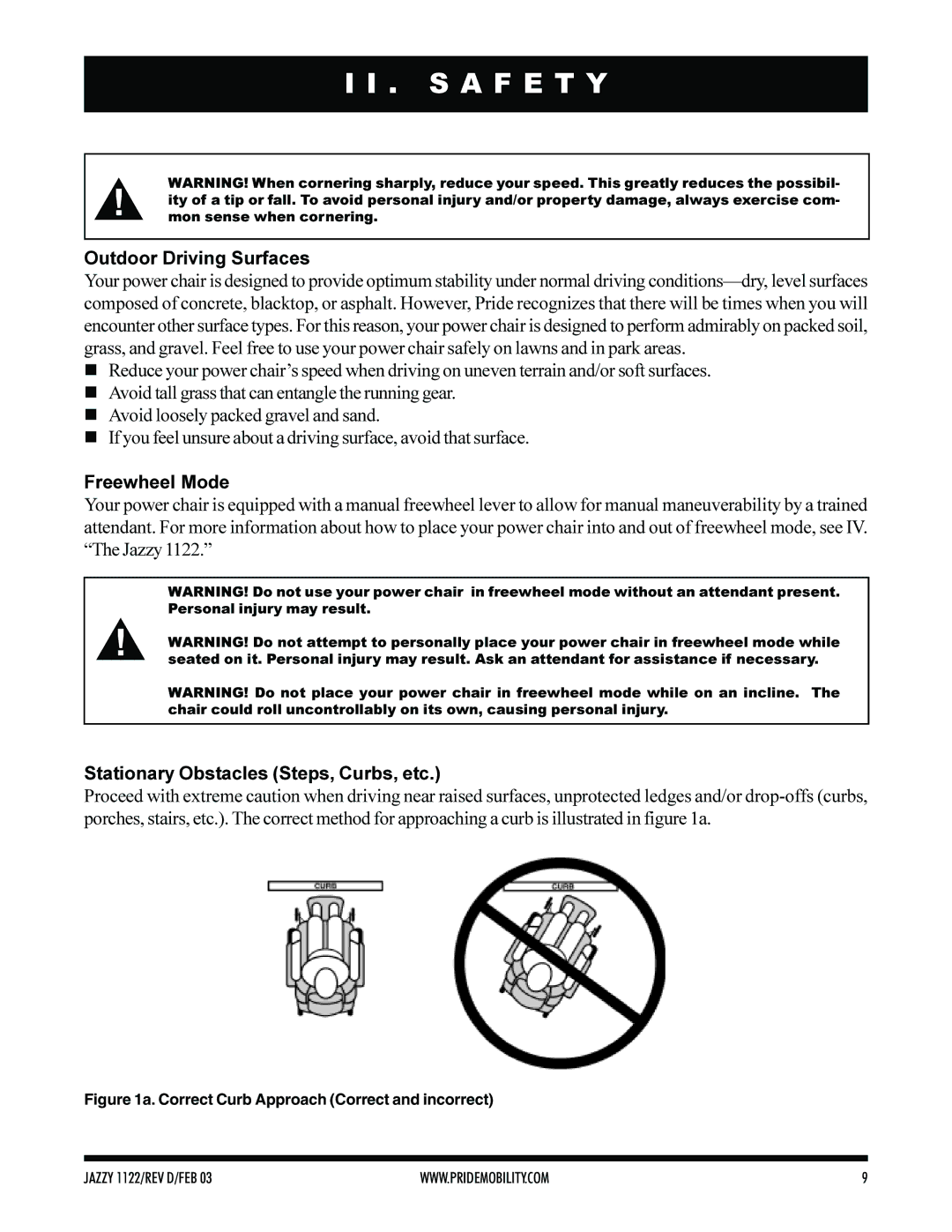 Pride Mobility Jazzy 1122 owner manual Outdoor Driving Surfaces, Freewheel Mode, Stationary Obstacles Steps, Curbs, etc 