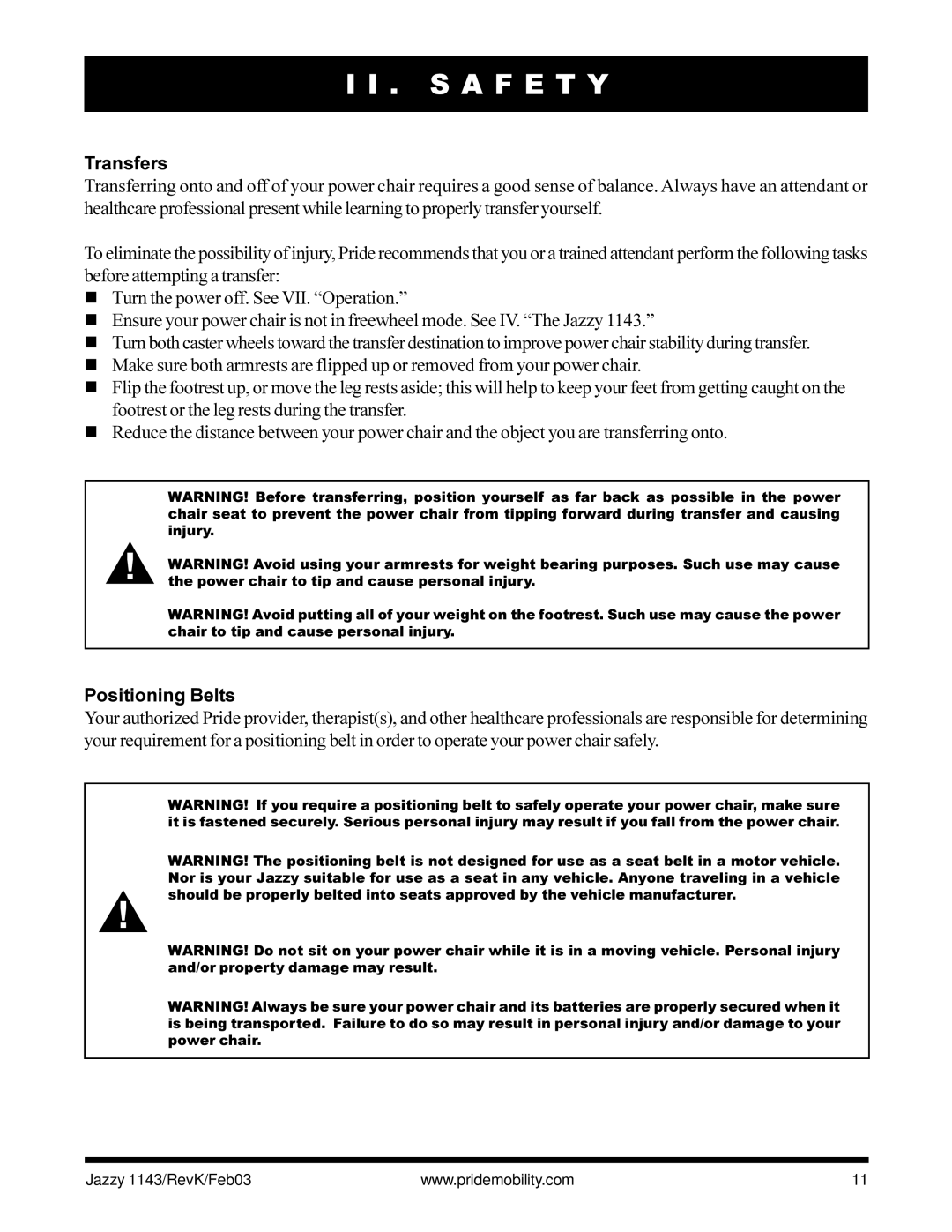 Pride Mobility Jazzy 1143 owner manual Transfers, Positioning Belts 