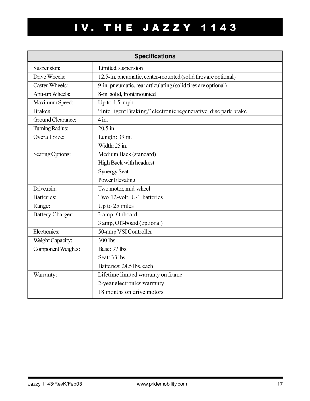 Pride Mobility Jazzy 1143 owner manual Specifications 