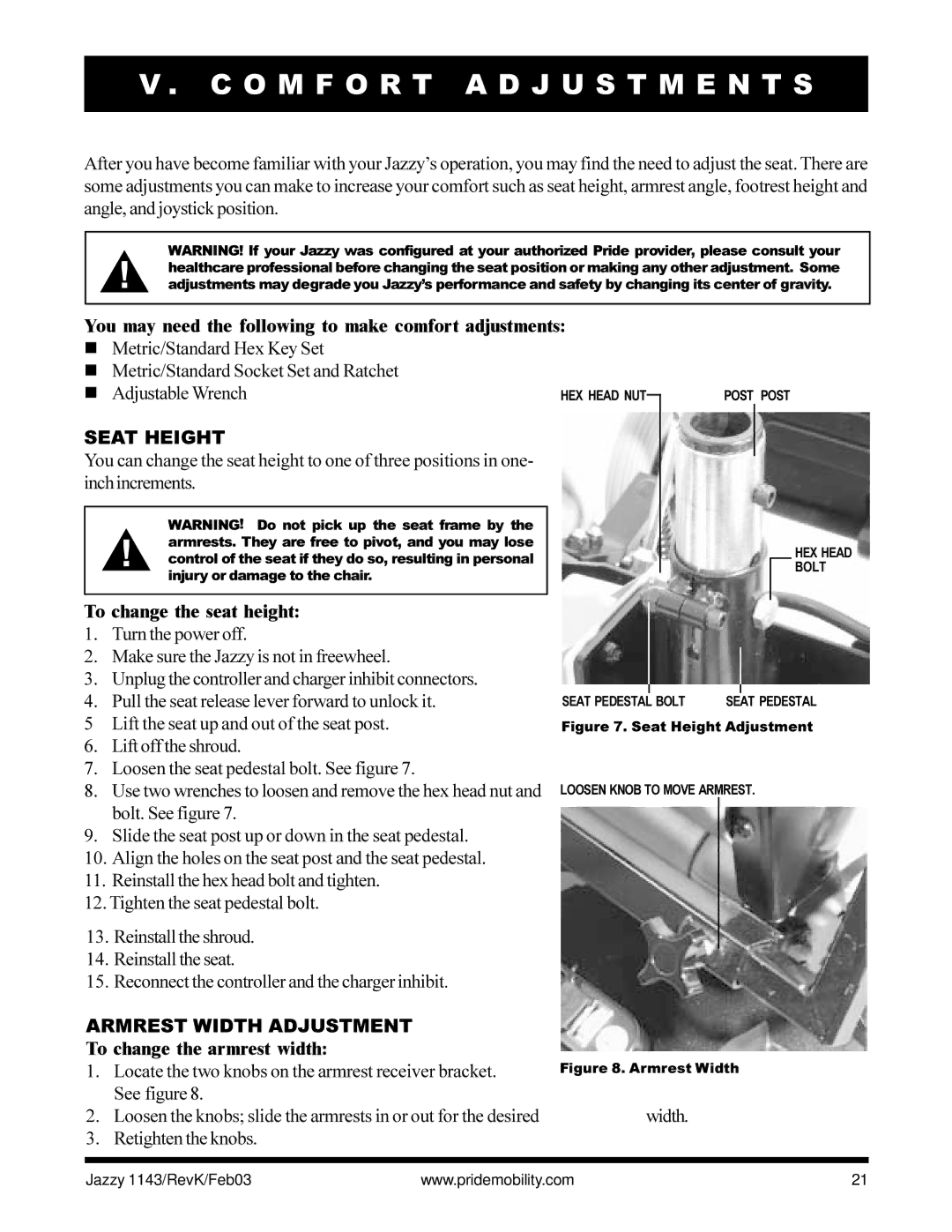 Pride Mobility Jazzy 1143 owner manual O M F O R T a D J U S T M E N T S, Seat Height, Armrest Width Adjustment 