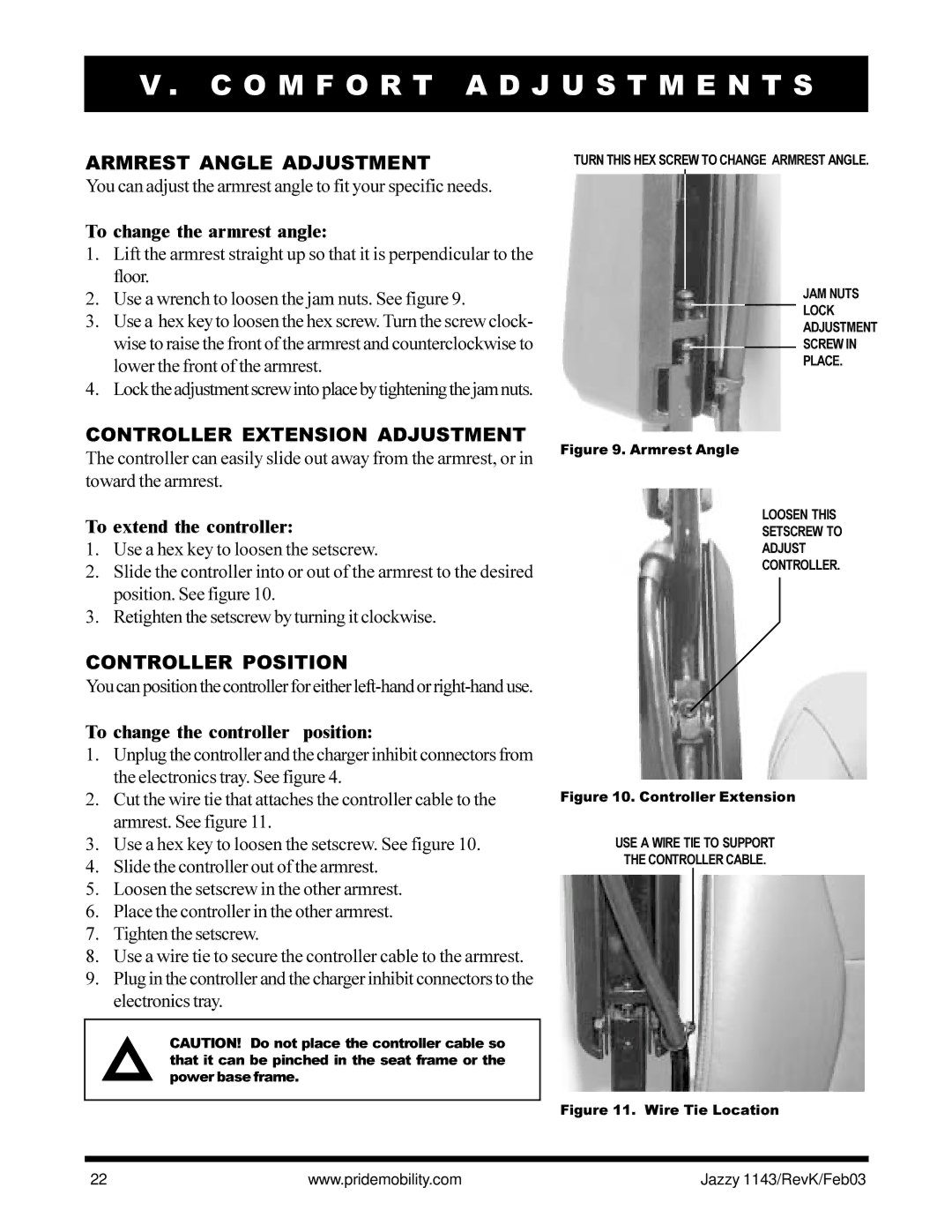 Pride Mobility Jazzy 1143 To change the armrest angle, To extend the controller, To change the controller position 