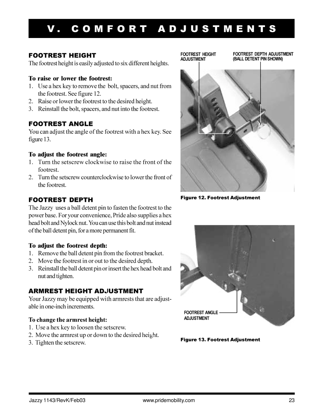 Pride Mobility Jazzy 1143 owner manual Footrest Height, Footrest Angle, Footrest Depth, Armrest Height Adjustment 