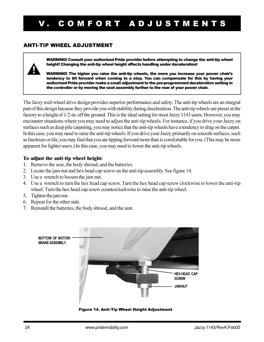 Pride Mobility Jazzy 1143 owner manual ANTI-TIP Wheel Adjustment, To adjust the anti-tip wheel height 