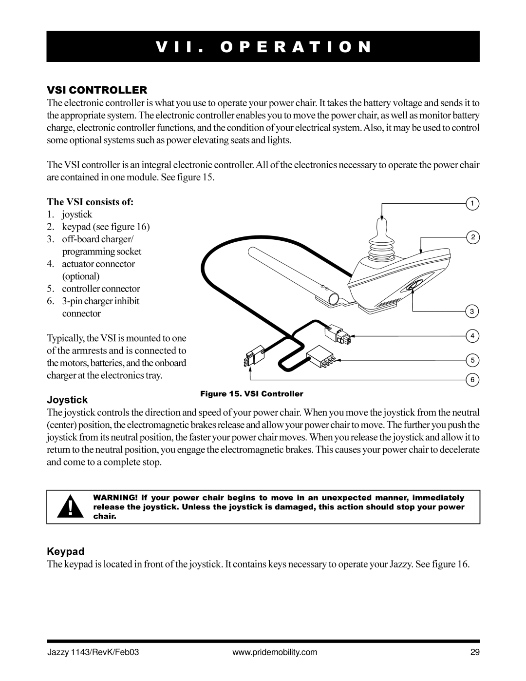 Pride Mobility Jazzy 1143 owner manual I . O P E R a T I O N, VSI Controller, VSI consists, Joystick, Keypad 