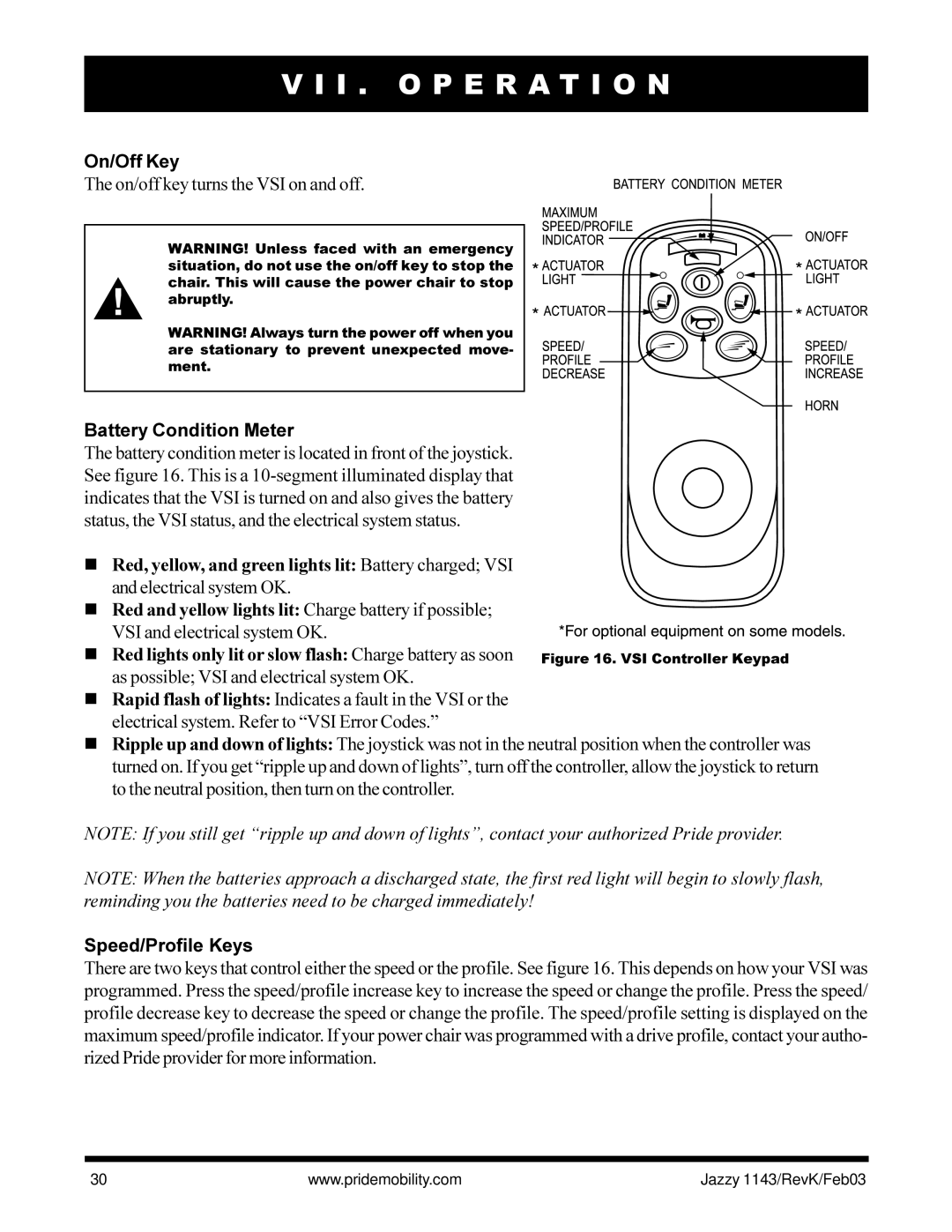 Pride Mobility Jazzy 1143 owner manual On/Off Key, Battery Condition Meter, Speed/Profile Keys 