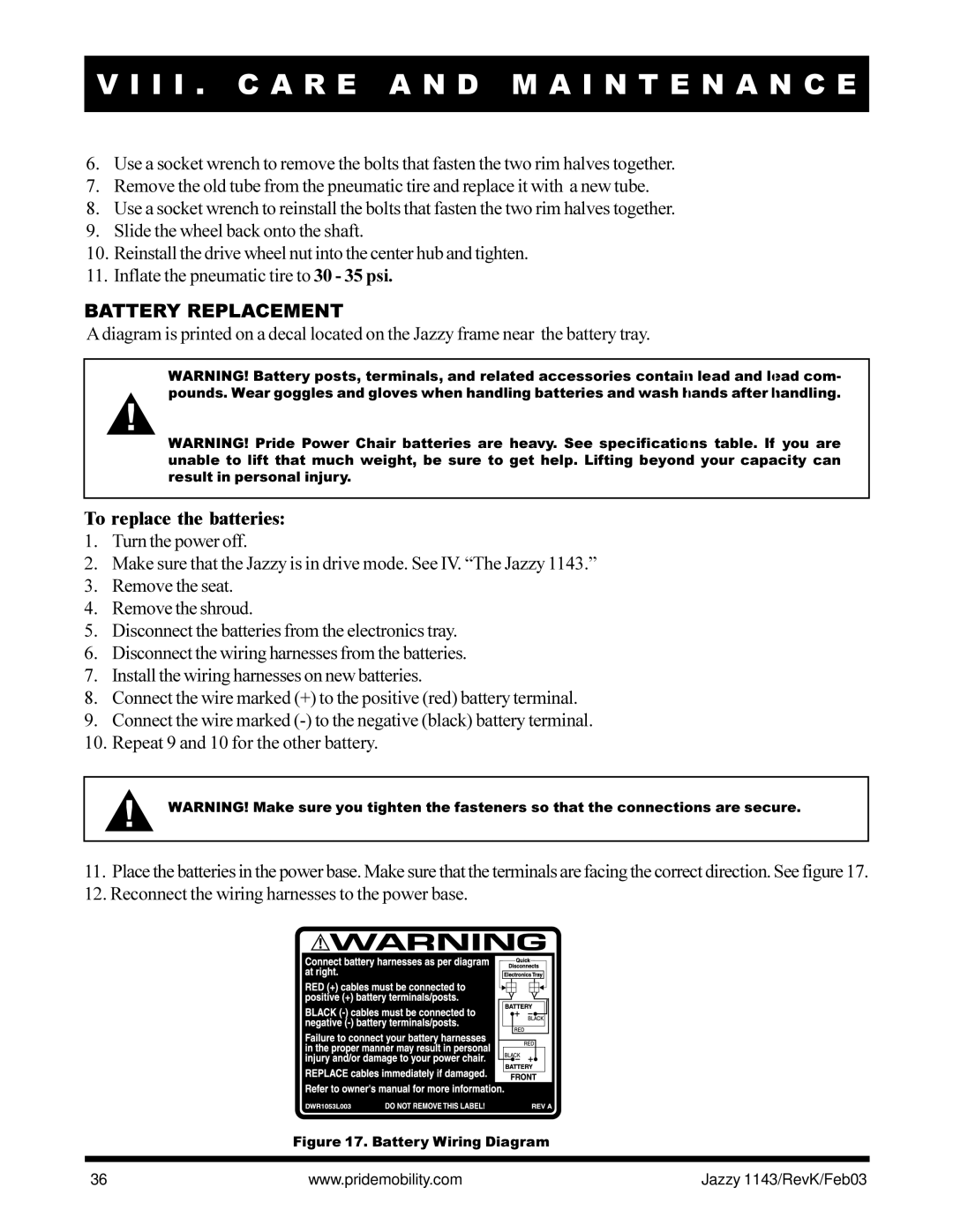 Pride Mobility Jazzy 1143 owner manual Battery Replacement, To replace the batteries 