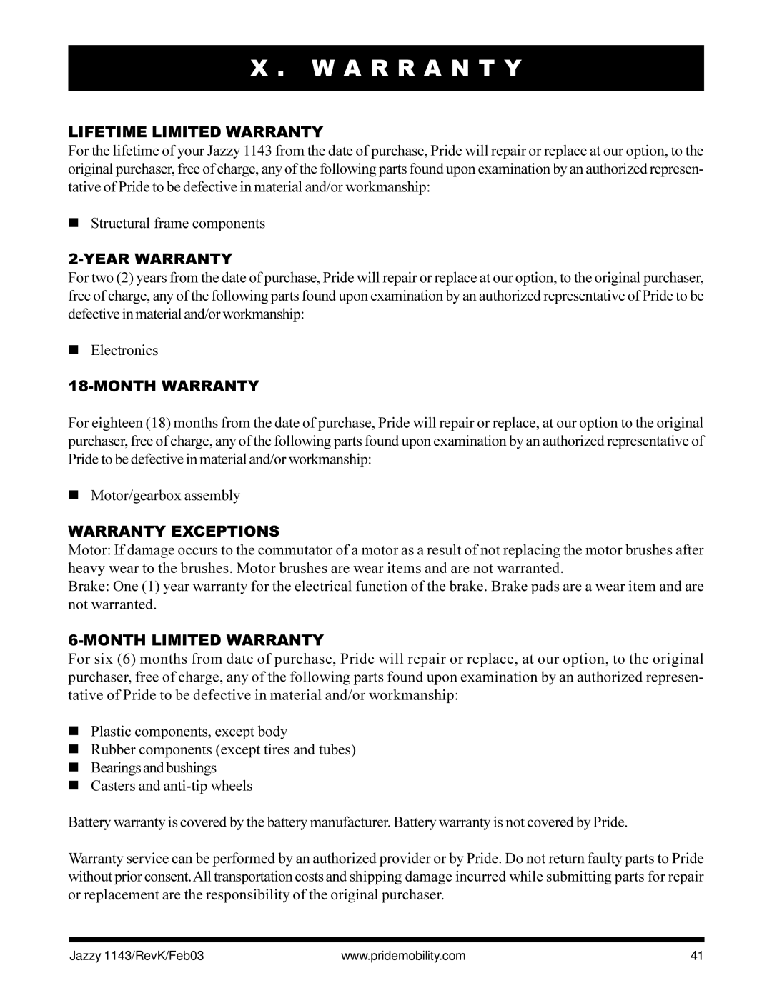 Pride Mobility Jazzy 1143 owner manual A R R a N T Y 