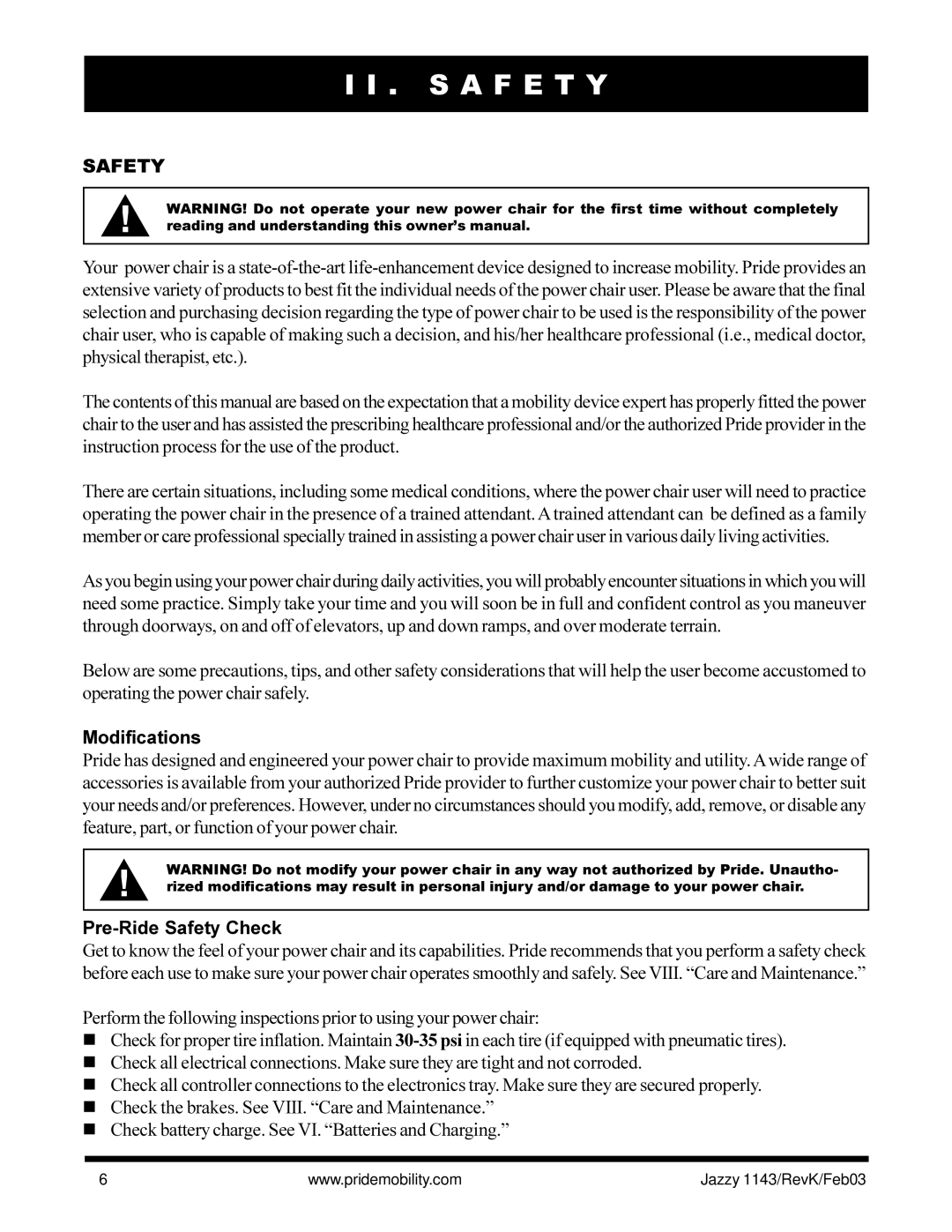 Pride Mobility Jazzy 1143 owner manual S a F E T Y, Modifications, Pre-Ride Safety Check 