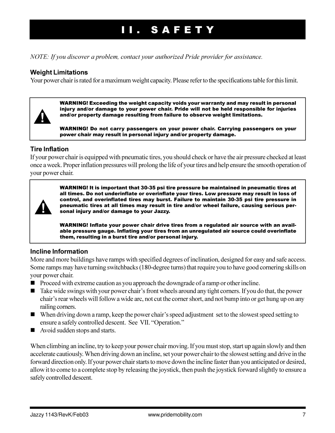 Pride Mobility Jazzy 1143 owner manual Weight Limitations, Tire Inflation, Incline Information 