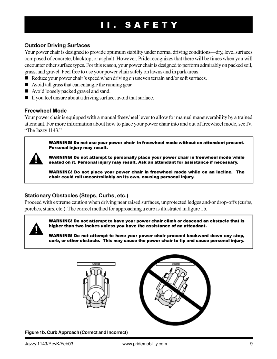 Pride Mobility Jazzy 1143 owner manual Outdoor Driving Surfaces, Freewheel Mode, Stationary Obstacles Steps, Curbs, etc 