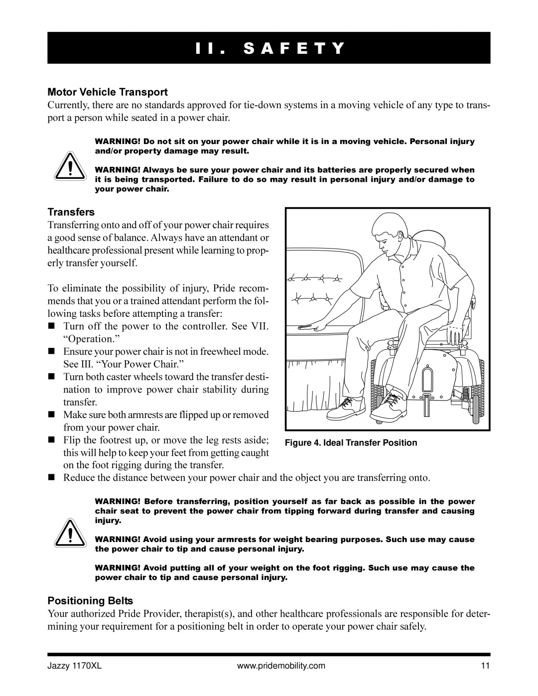 Pride Mobility Jazzy 1170XL owner manual Motor Vehicle Transport, Transfers, Positioning Belts 