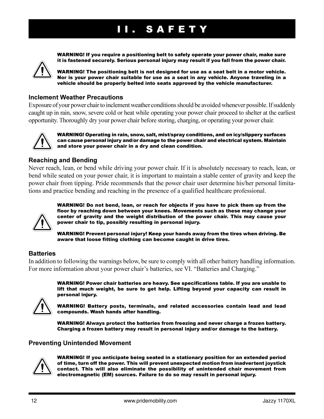 Pride Mobility Jazzy 1170XL Inclement Weather Precautions, Reaching and Bending, Batteries, Preventing Unintended Movement 