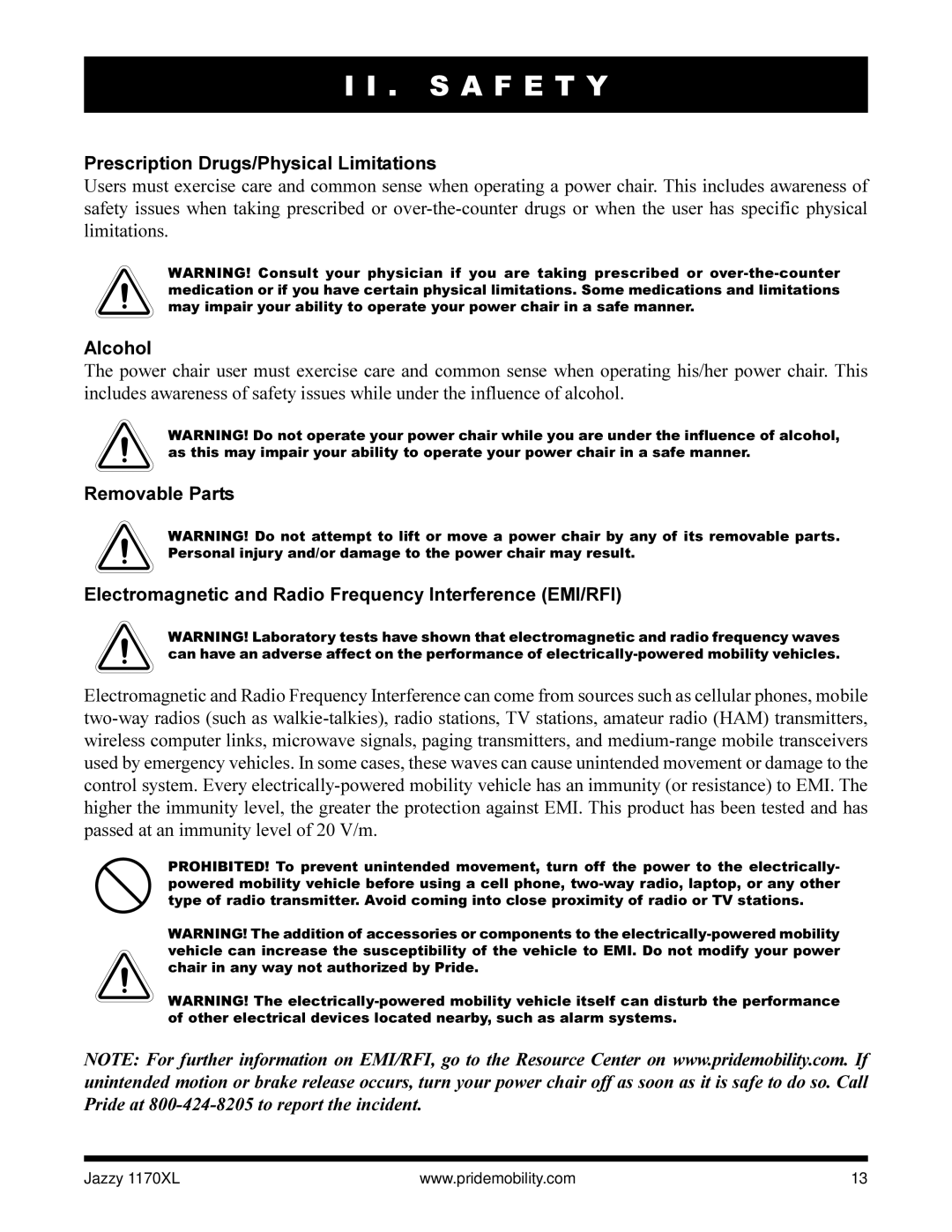 Pride Mobility Jazzy 1170XL owner manual Prescription Drugs/Physical Limitations, Alcohol 