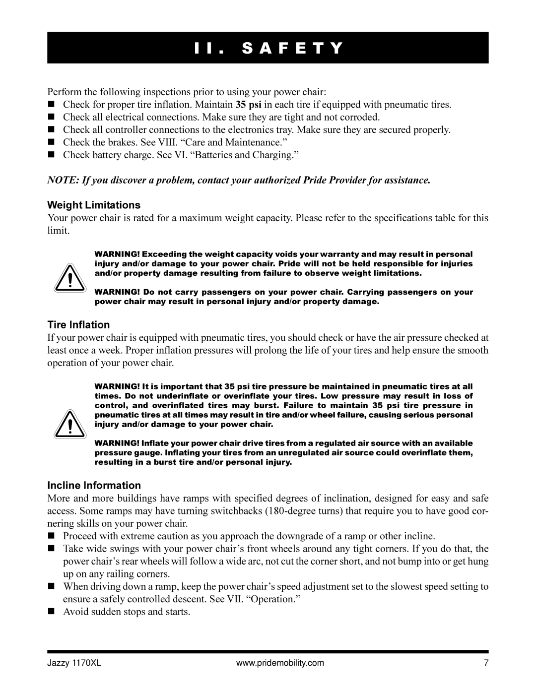 Pride Mobility Jazzy 1170XL owner manual Weight Limitations, Tire Inflation, Incline Information 