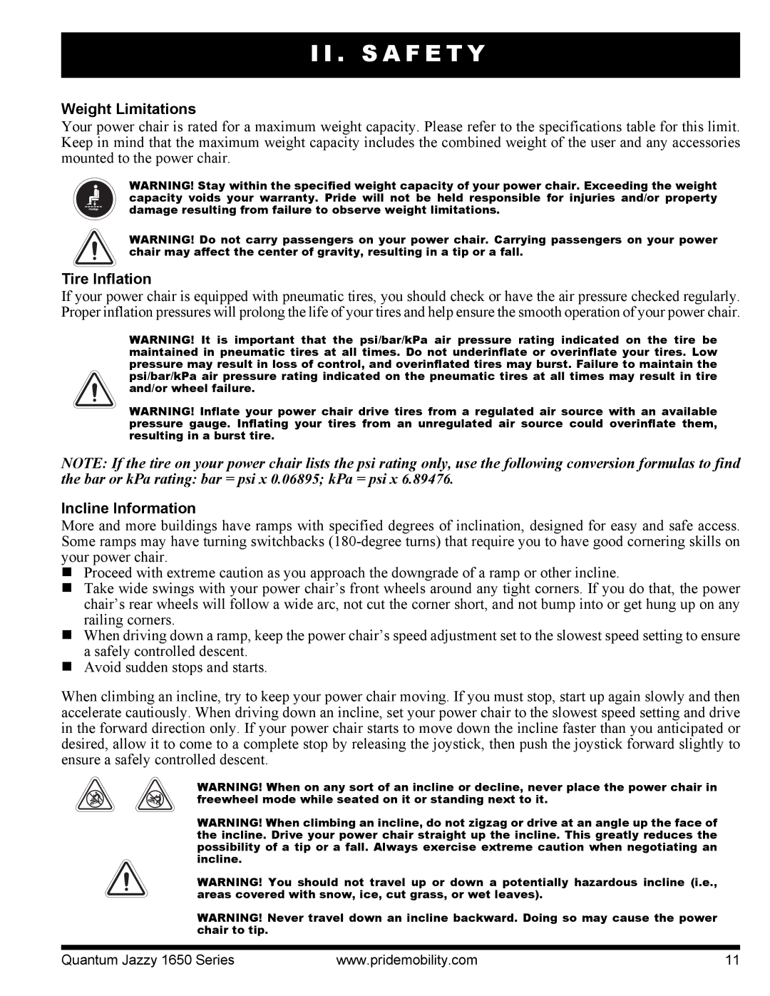 Pride Mobility Quantum 1650 3SPVHD, Jazzy 1650 2EHD manual Weight Limitations, Tire Inflation, Incline Information 