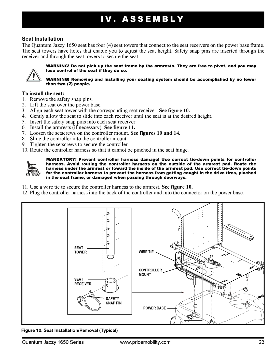 Pride Mobility Quantum 1650 3SPVHD, Jazzy 1650 2EHD, Jazzy 1650 3EHD manual Seat Installation, To install the seat 