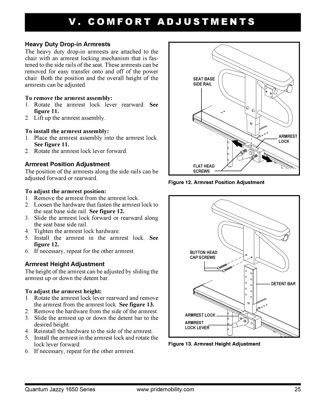 Pride Mobility Jazzy 1650 3EHD manual Heavy Duty Drop-in Armrests, Armrest Position Adjustment, Armrest Height Adjustment 