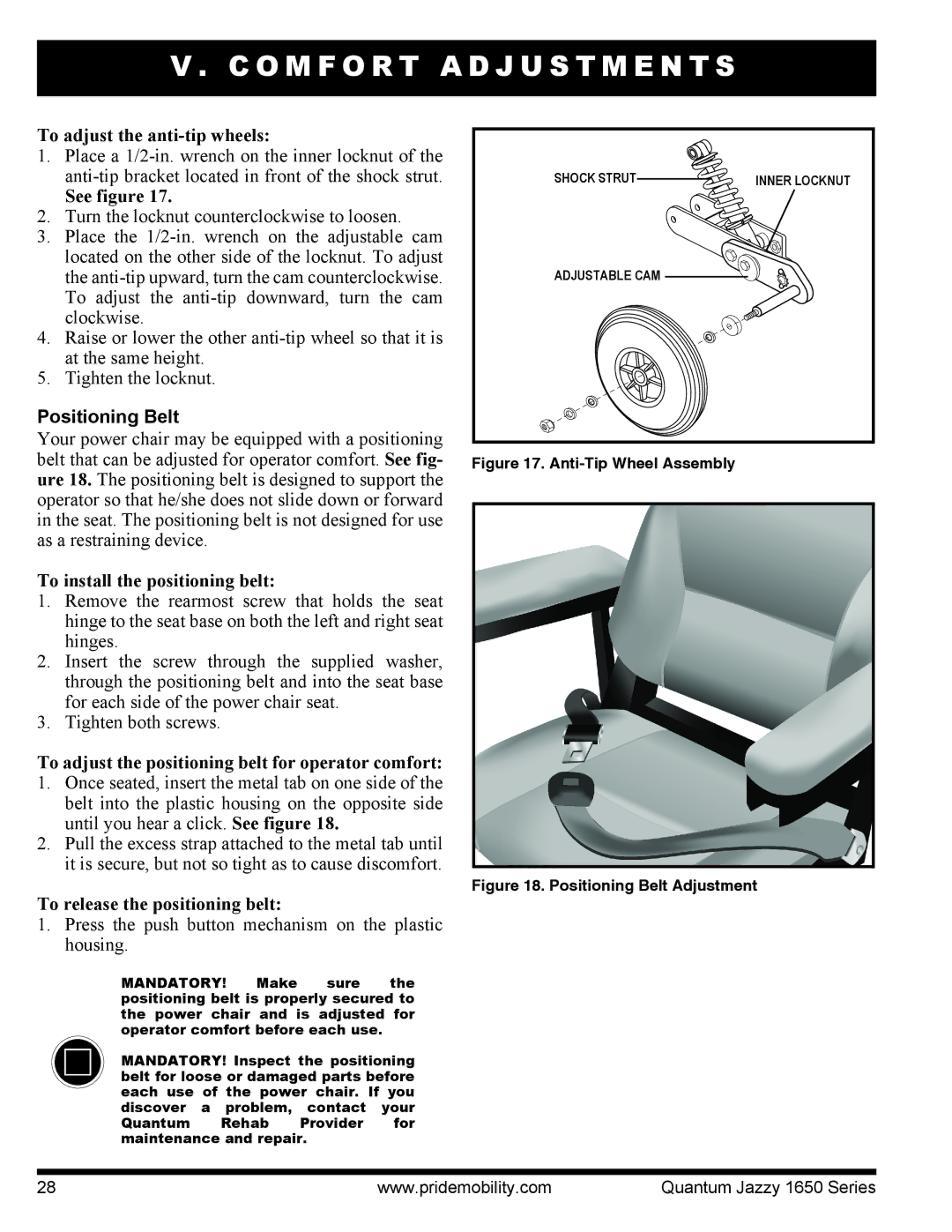 Pride Mobility Jazzy 1650 2EHD manual To adjust the anti-tip wheels, Positioning Belt, To install the positioning belt 