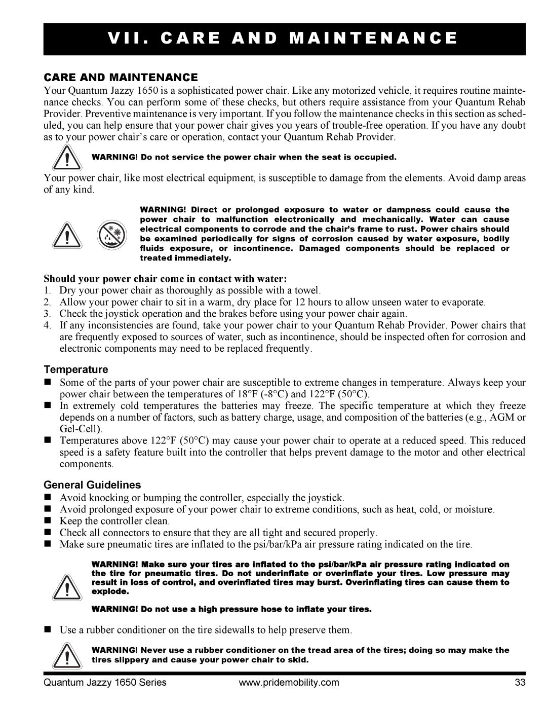 Pride Mobility Jazzy 1650 3EHD, Jazzy 1650 2EHD I . C a R E a N D M a I N T E N a N C E, Care and Maintenance, Temperature 