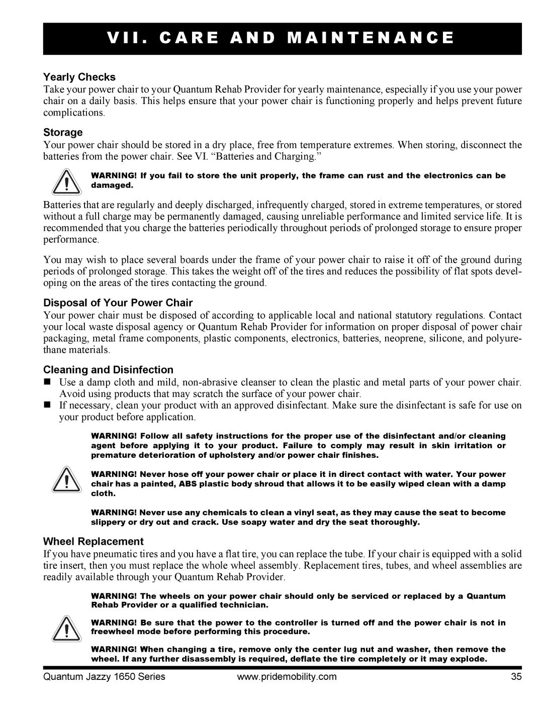 Pride Mobility Quantum 1650 3SPVHD manual Yearly Checks, Storage, Disposal of Your Power Chair, Cleaning and Disinfection 