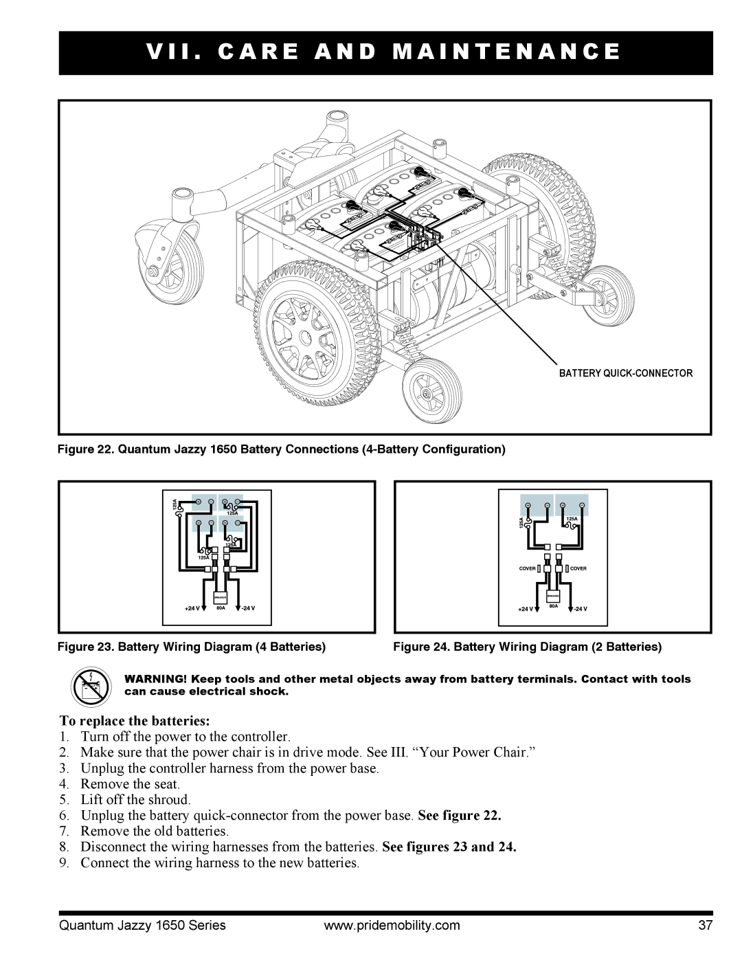 Pride Mobility Jazzy 1650 3EHD, Jazzy 1650 2EHD manual To replace the batteries, Battery Wiring Diagram 4 Batteries 