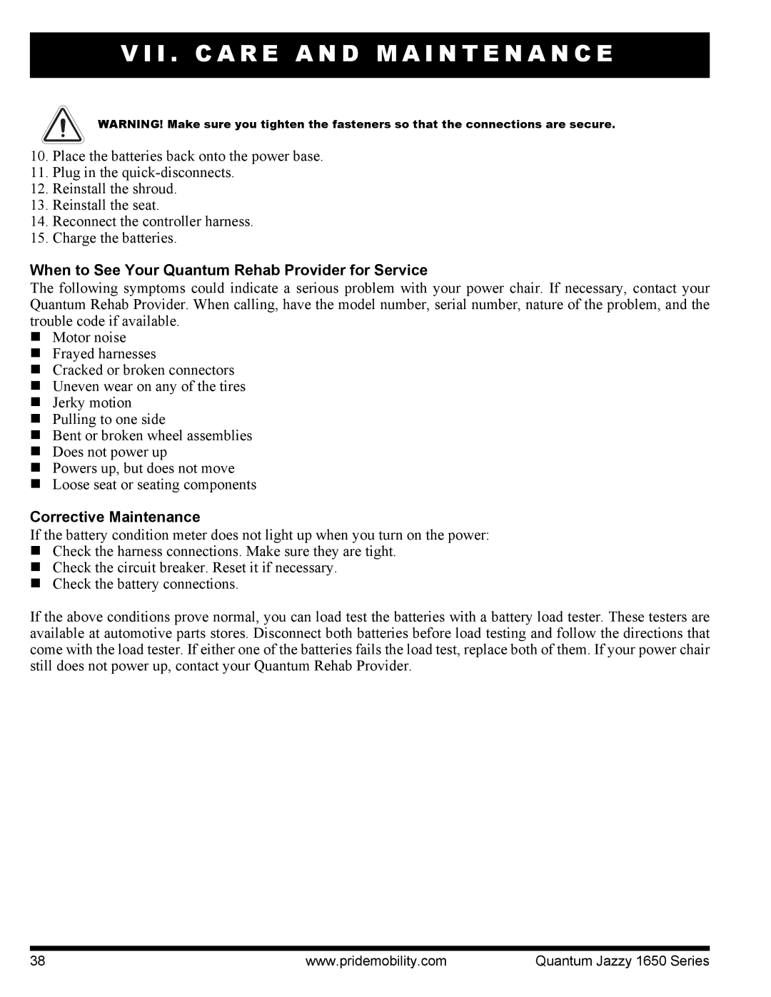 Pride Mobility Quantum 1650 2SPVHD manual When to See Your Quantum Rehab Provider for Service, Corrective Maintenance 