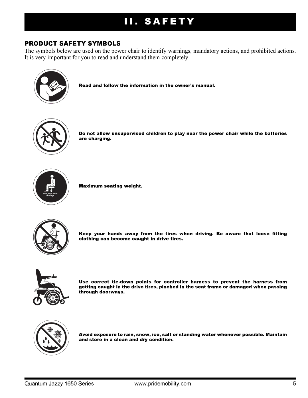 Pride Mobility Jazzy 1650 3EHD, Jazzy 1650 2EHD, Quantum 1650 2SPVHD manual S a F E T Y, Product Safety Symbols 