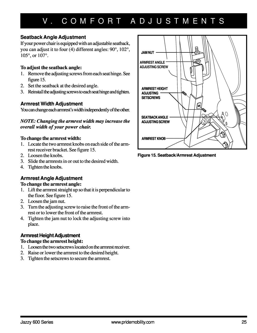 Pride Mobility Jazzy 600 3SP manual Seatback Angle Adjustment, To adjust the seatback angle, Armrest Width Adjustment 
