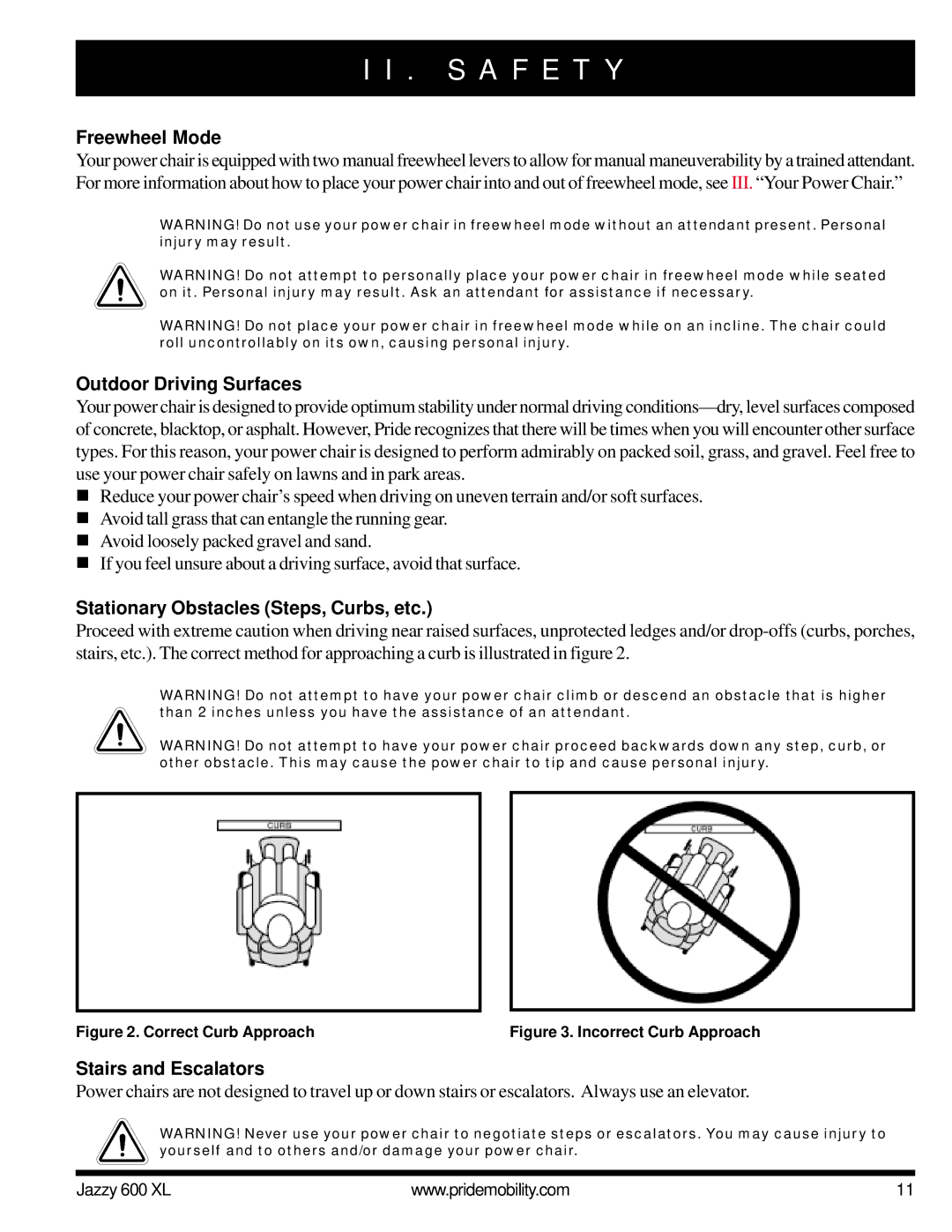 Pride Mobility Jazzy 600 XL owner manual Freewheel Mode, Outdoor Driving Surfaces, Stationary Obstacles Steps, Curbs, etc 