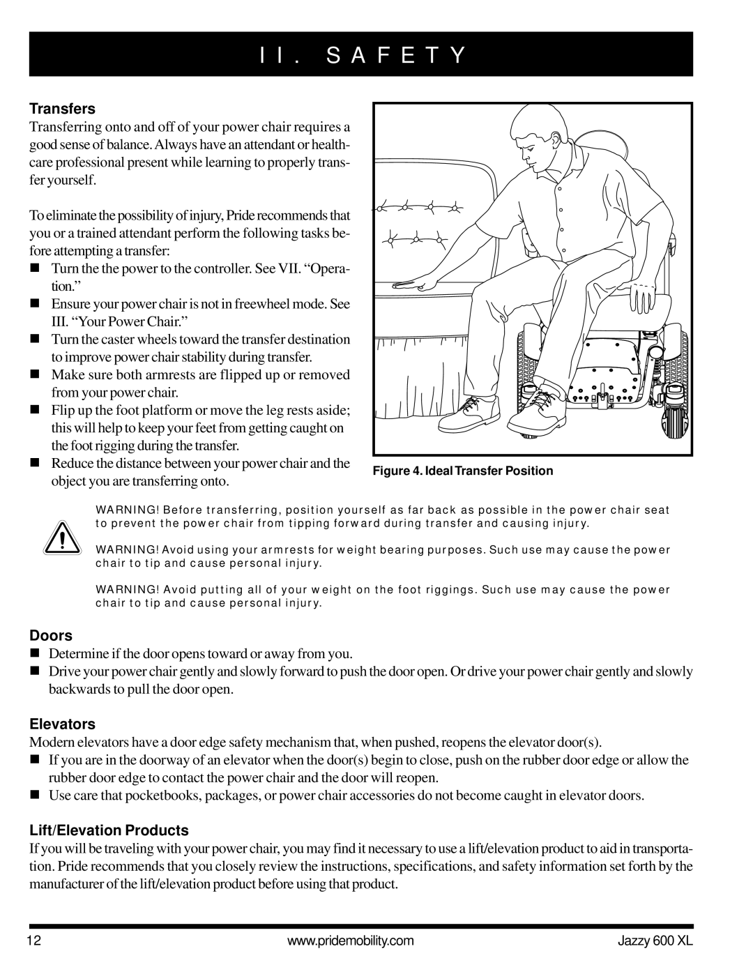 Pride Mobility Jazzy 600 XL owner manual Transfers, Doors, Elevators, Lift/Elevation Products 