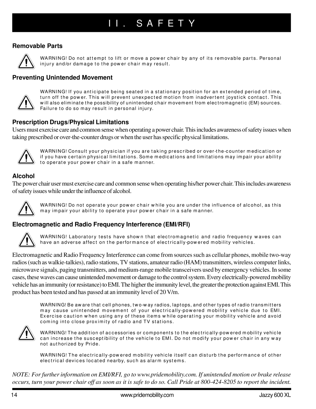 Pride Mobility Jazzy 600 XL owner manual Alcohol, Electromagnetic and Radio Frequency Interference EMI/RFI 