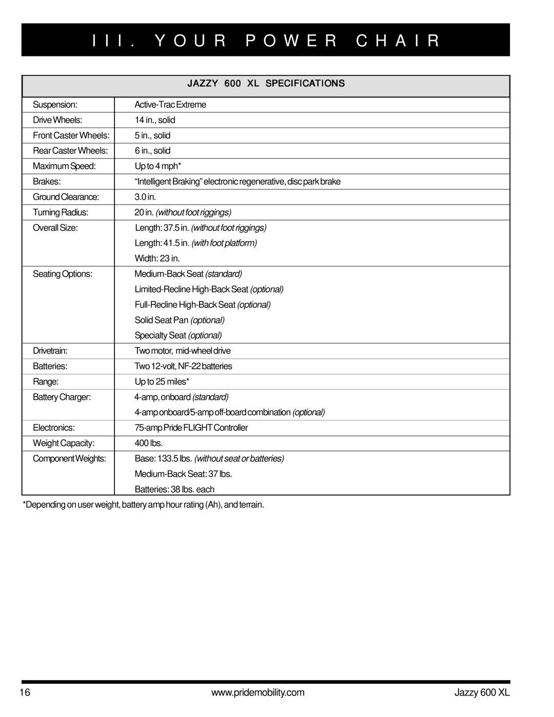 Pride Mobility owner manual Jazzy 600 XL Specifications 