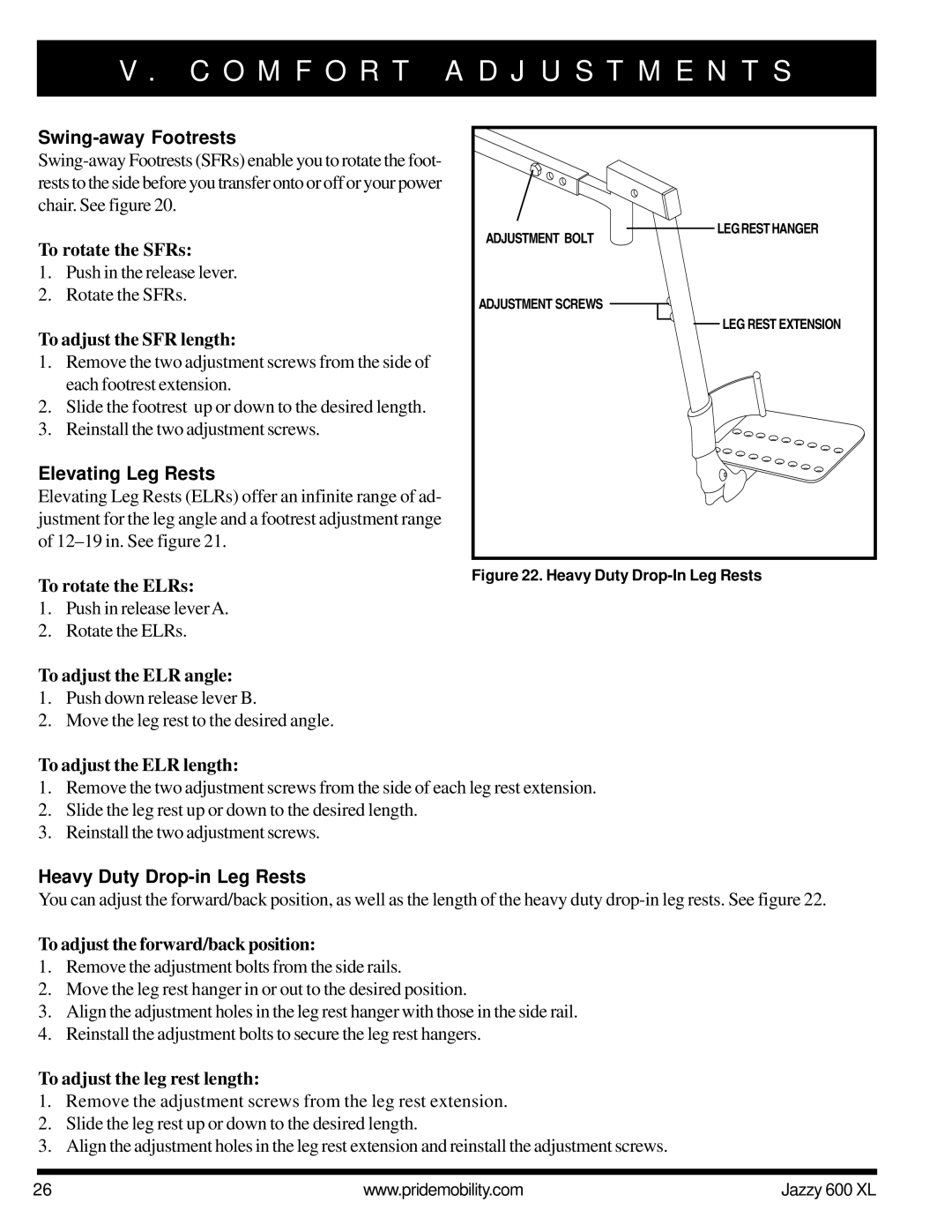 Pride Mobility Jazzy 600 XL owner manual Swing-away Footrests, Elevating Leg Rests, Heavy Duty Drop-in Leg Rests 