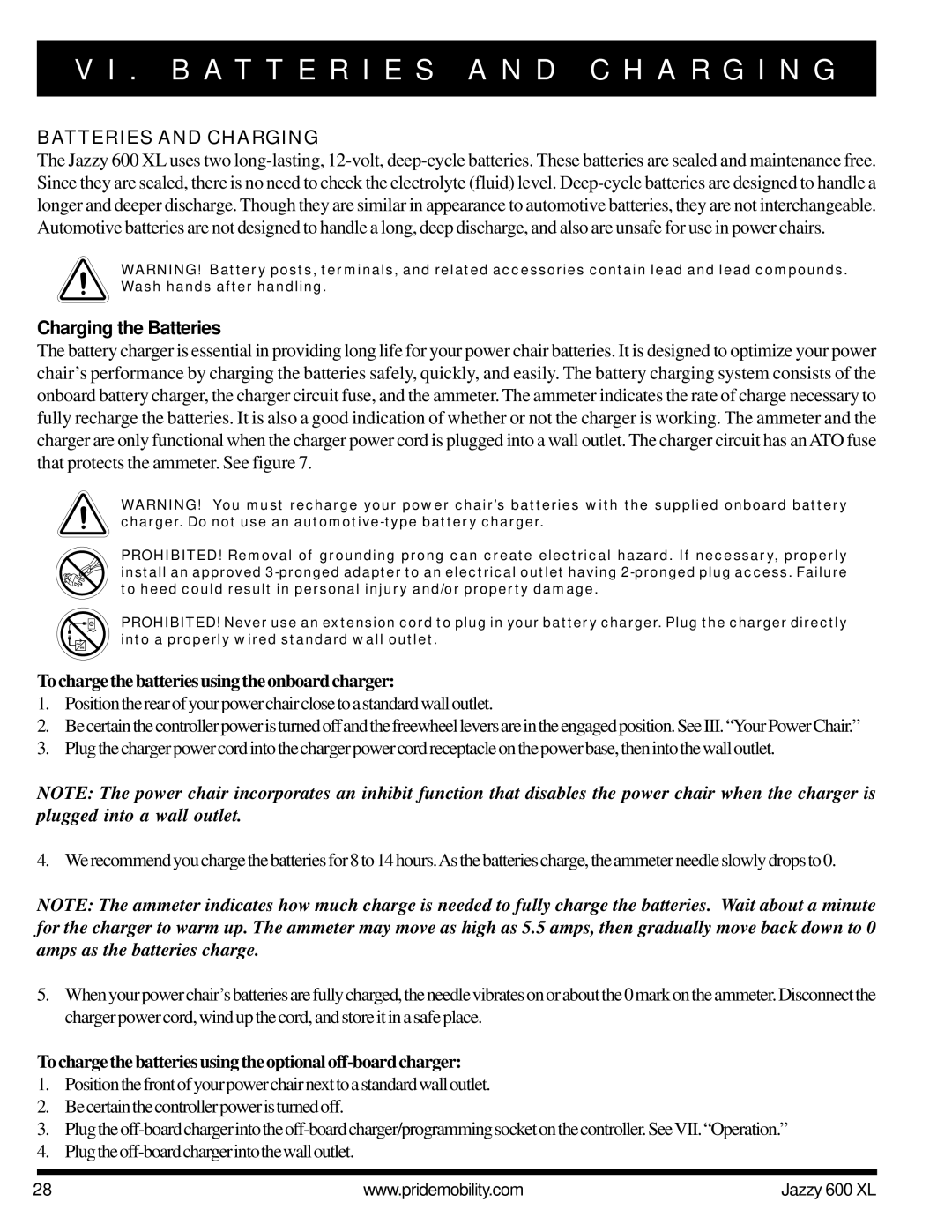 Pride Mobility Jazzy 600 XL B a T T E R I E S a N D C H a R G I N G, Batteries and Charging, Charging the Batteries 