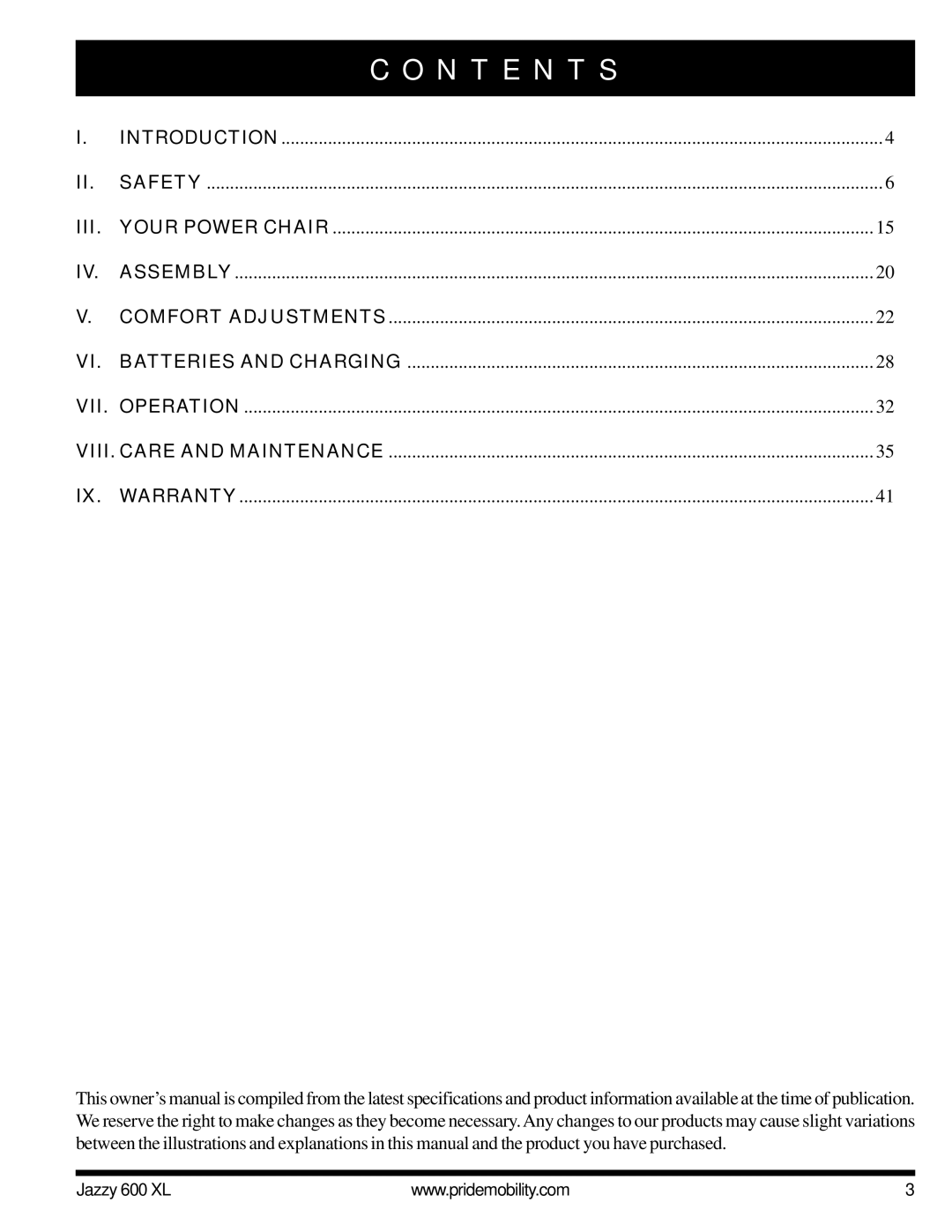 Pride Mobility Jazzy 600 XL owner manual N T E N T S, Iii 