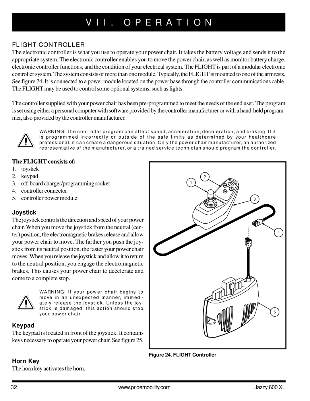 Pride Mobility Jazzy 600 XL owner manual I . O P E R a T I O N, Flight Controller, Joystick, Keypad, Horn Key 